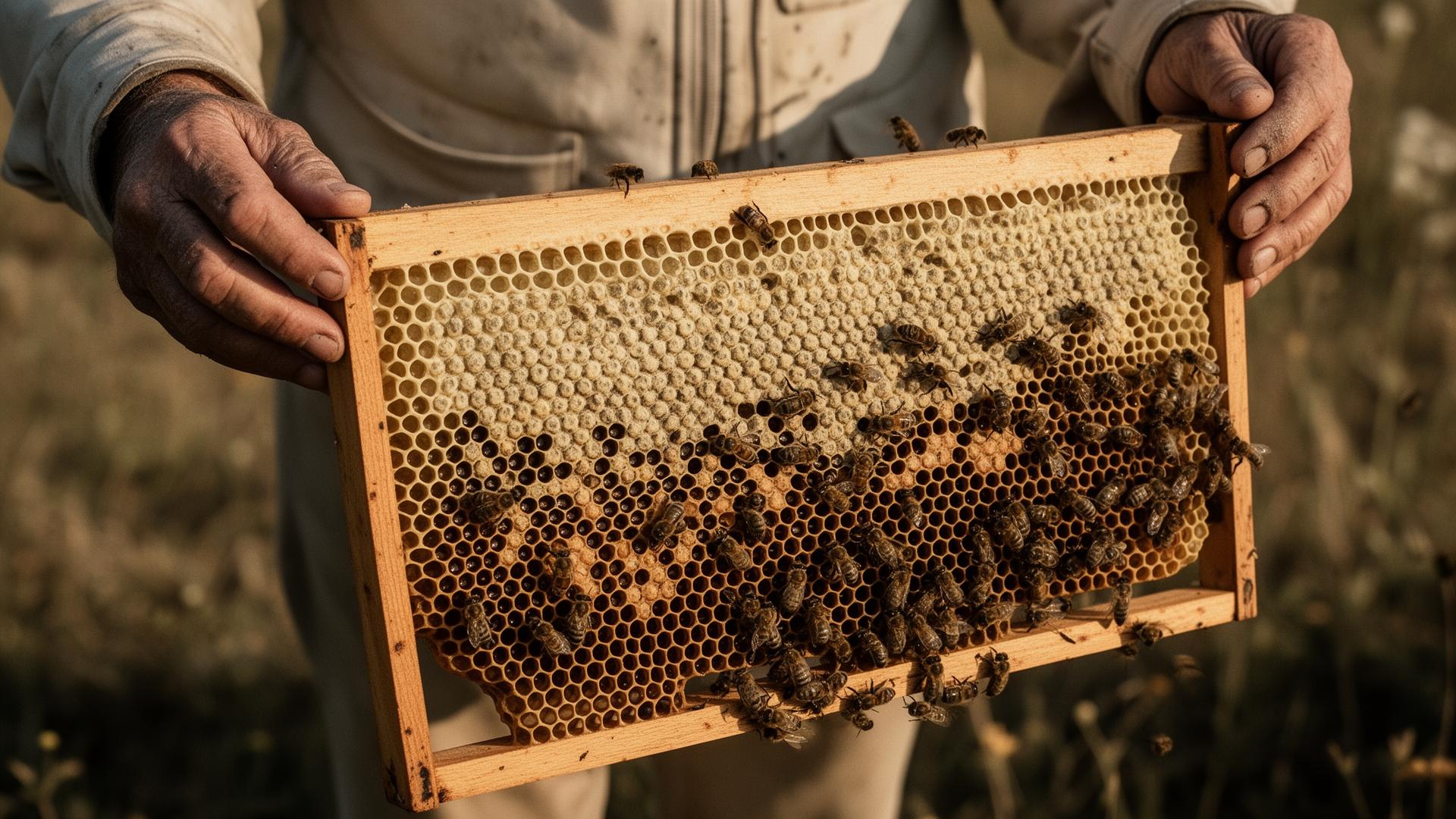 A beekeeper's hands holding a honeycomb frame