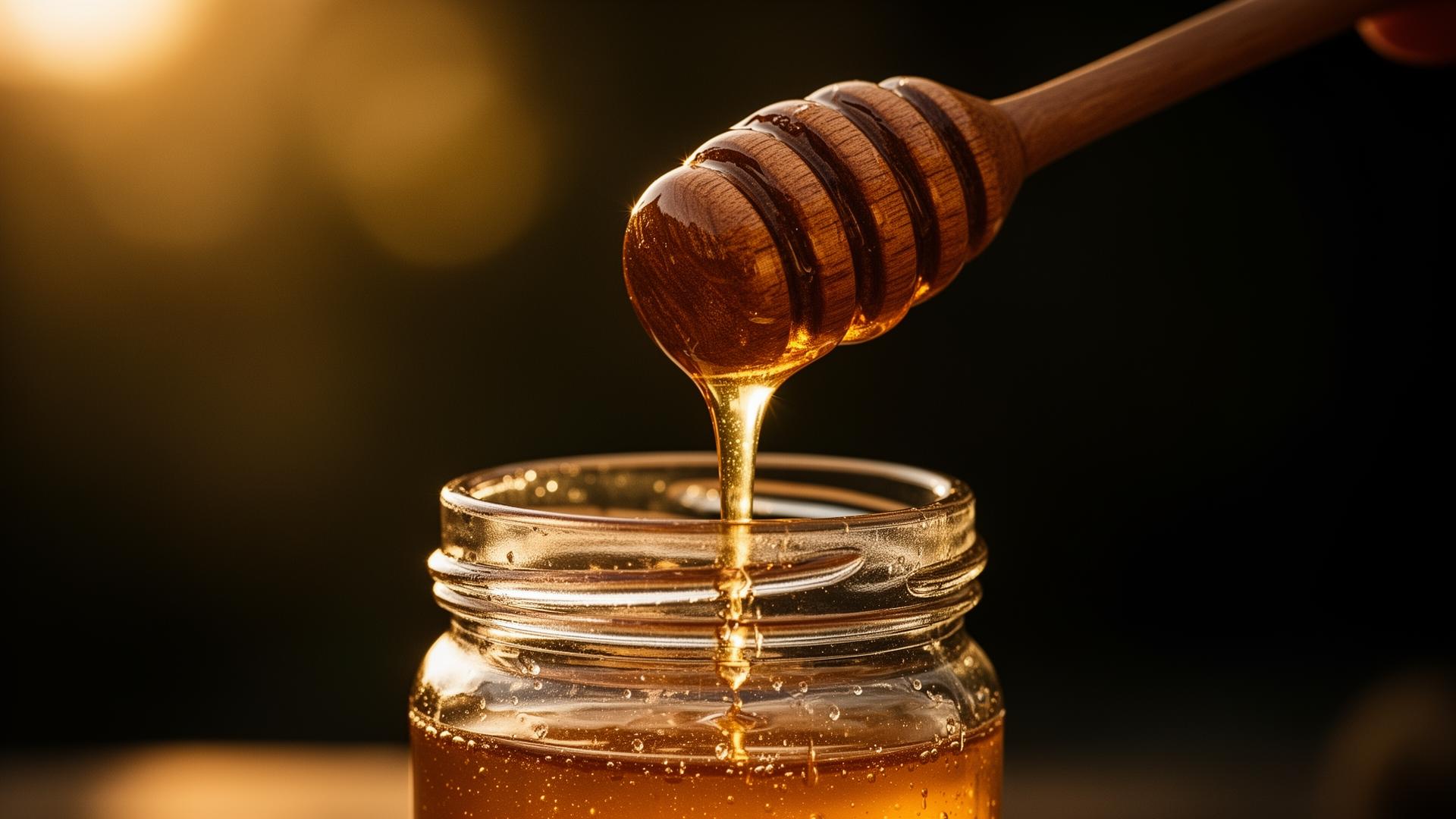 Honey pouring from a wooden dipper into a glass jar at golden hour